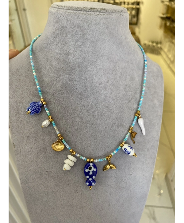 Çelik Sıralı İnce Mavi Boncuk Balık Detay Çharm Kolye