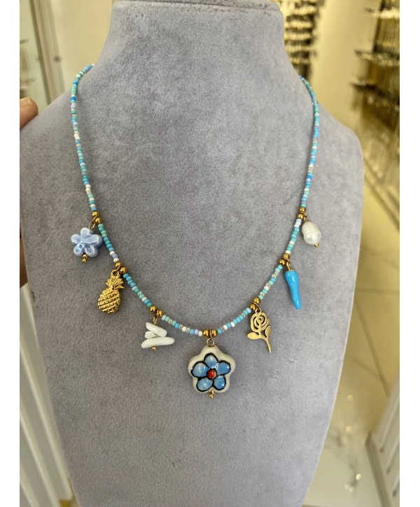 Çelik Sıralı İnce Mavi Boncuk Çiçek Detay Çharm Kolye