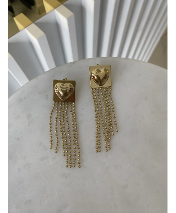 Çelik Kalp Plaka Sallantılı Topçuk Zincir Küpe