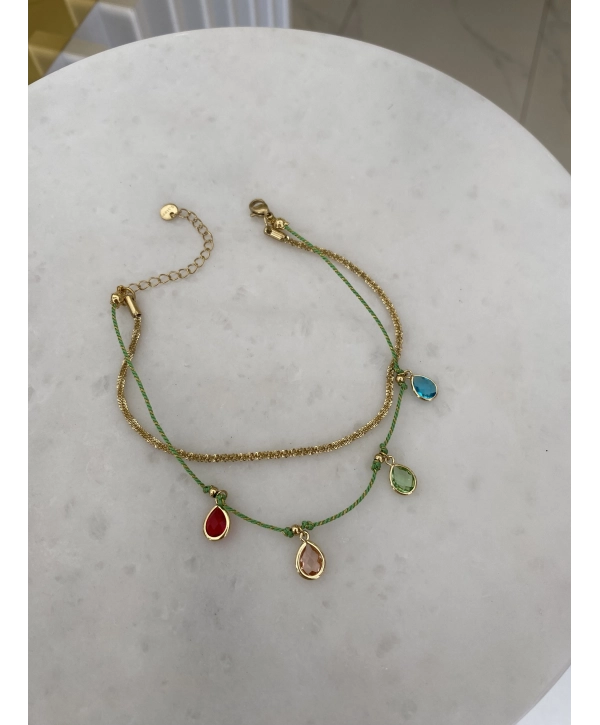 Çelik İp Detay İkili Renkli Damla Zirkon Taş Halhal