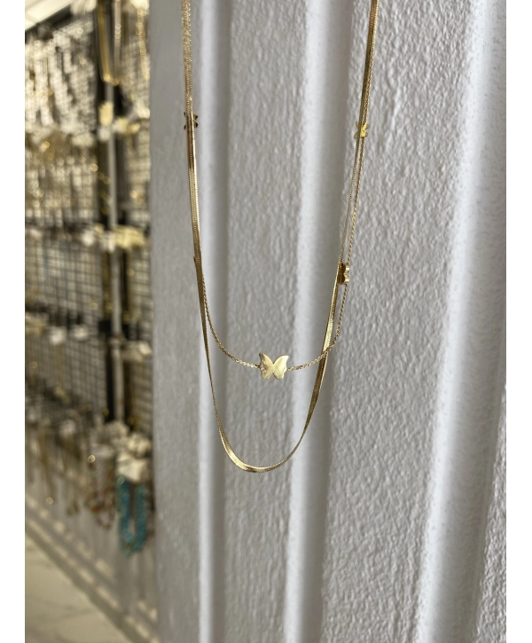 Çelik Kelebek Detay İkili İtalyan Zincir Kolye