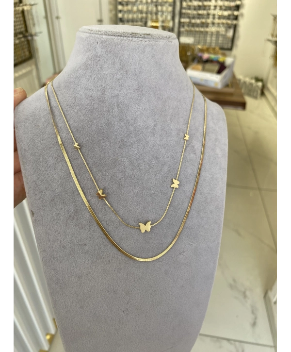 Çelik Kelebek Detay İkili İtalyan Zincir Kolye