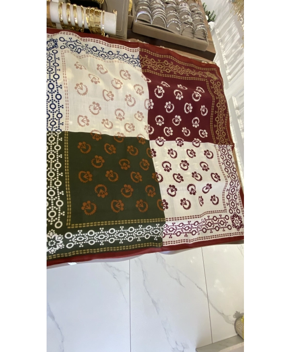 Yeşil Bordo Tasarım Etnik Desen 70x70 Pamuklu Fular