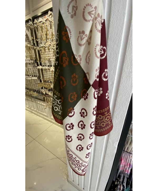 Yeşil Bordo Tasarım Etnik Desen 70x70 Pamuklu Fular