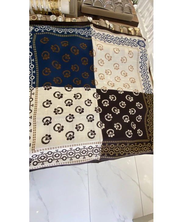 Lacivert Kahve Tasarım Etnik Desen 70x70 Pamuklu Fular
