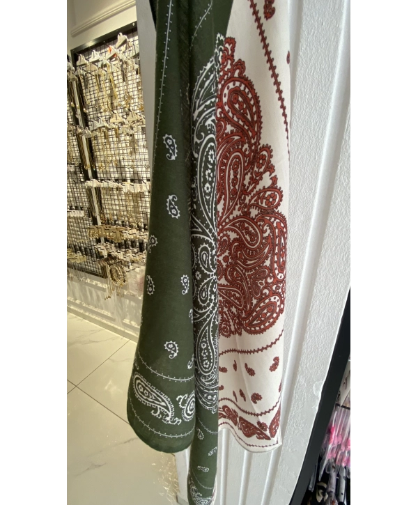 Yeşil Bordo Etnik Desen 70x70 Pamuklu Fular