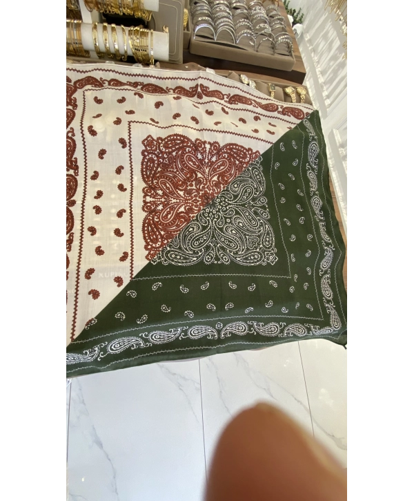 Yeşil Bordo Etnik Desen 70x70 Pamuklu Fular