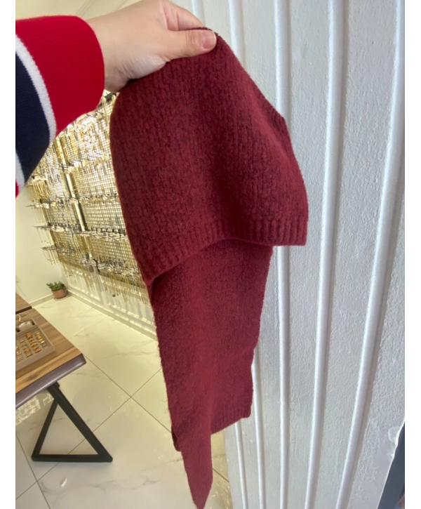 Bordo Renkli Şapkalı Şal