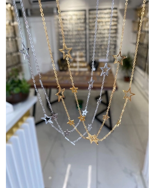 Çelik Büyüklü Küçüklü Sıralı Yıldız Kolye