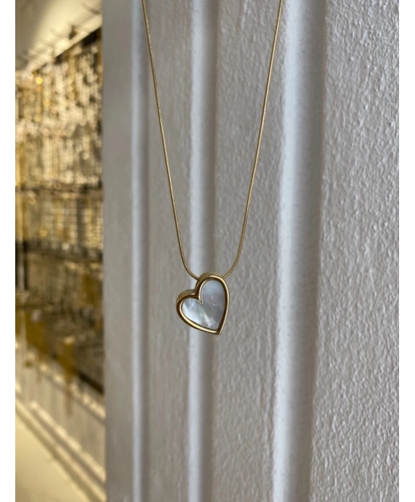 Çelik İnce İtalyan Zincir Üzeri Sedef Kalp Kolye