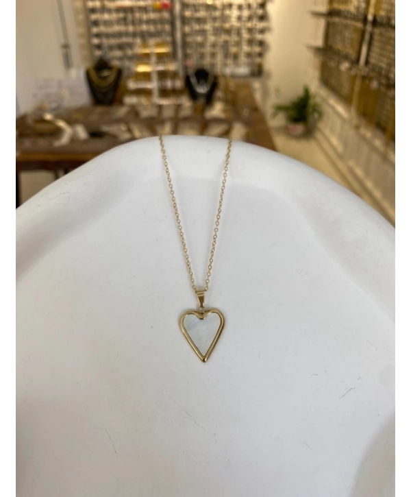 Çelik İnce Zincir Üzeri Sedef Kalp Kolye