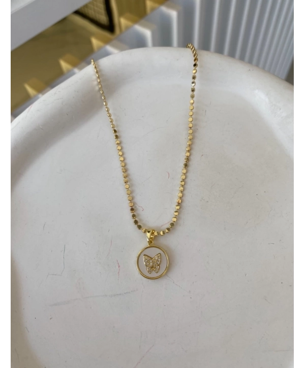 Çelik Pul Zincir Üzeri Sedef Kelebek Kolye