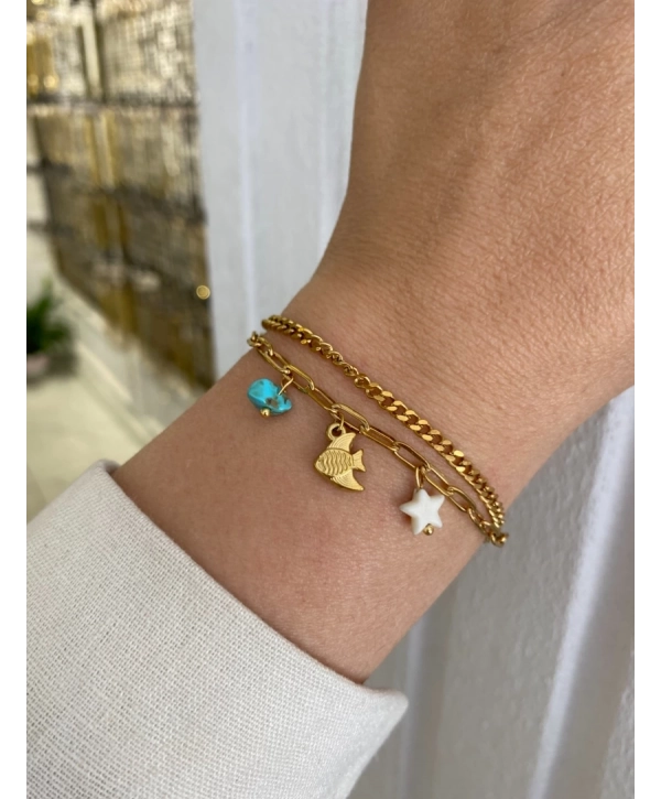 Çelik Sallantılı Ataç Zincir Üzeri Balık Figür İkili Zincir Bileklik