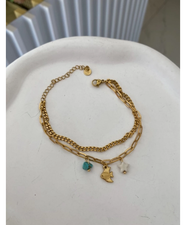 Çelik Sallantılı Ataç Zincir Üzeri Balık Figür İkili Zincir Bileklik