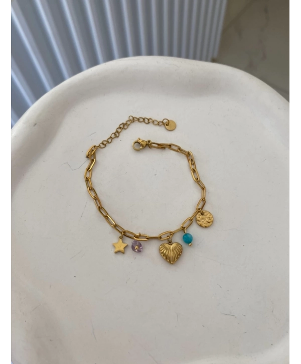 Çelik Sallantılı Ataç Zincir Üzeri Bombe Kalp Figür Bileklik