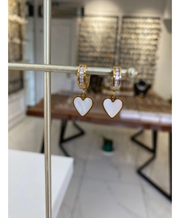 Çelik Sallantılı Zirkon Taş Detay Sedef Kalp Küpe