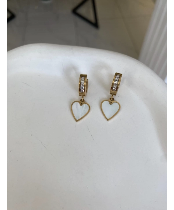 Çelik Sallantılı Zirkon Taş Detay Sedef Kalp Küpe