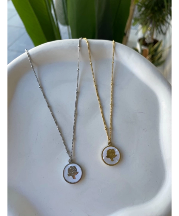 Çelik Sedef Üzeri Gül Kolye