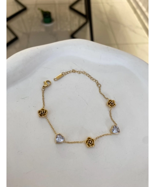 Çelik Sıralı gül ve kalp Detay Bileklik