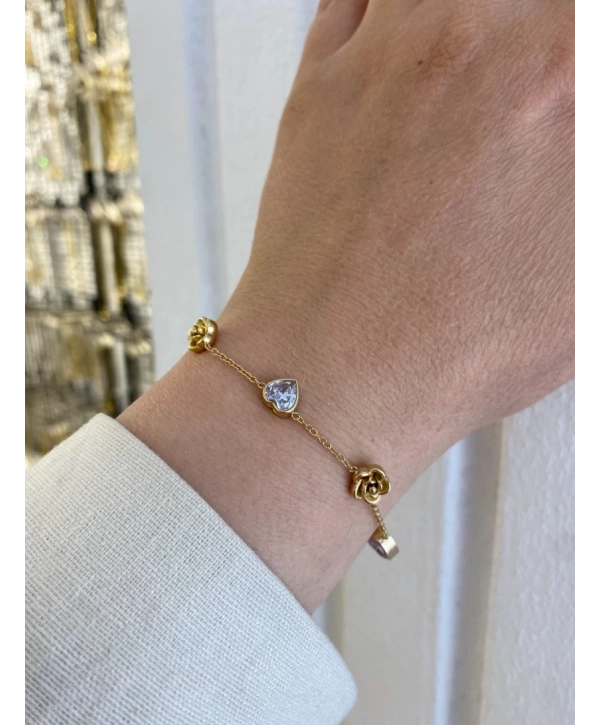 Çelik Sıralı gül ve kalp Detay Bileklik