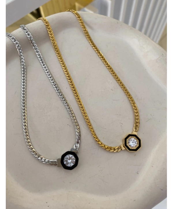 Çelik Yassı S Zincir Üzeri Tek Zirkon Taş Detay Kolye