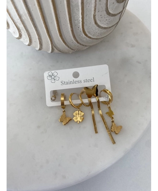 Çelik Yonca ve Kelebek Detay Altılı Set Küpe