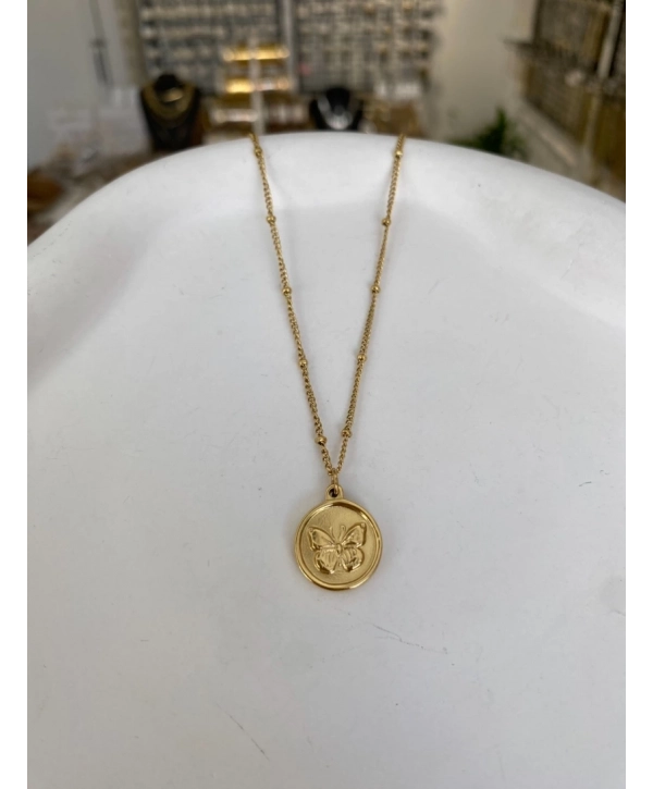 Çelik Yuvarlak Plaka Üzeri Kabartma Kelebek Kolye