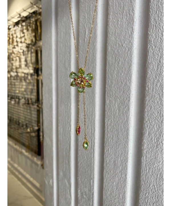 Çelik Zirkon Taş Çiçek Kolye