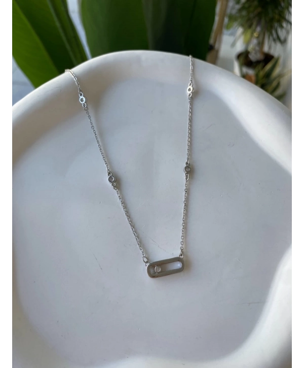 Çelik Zirkon Taş Detay Dikdörtgen Plaka Kolye