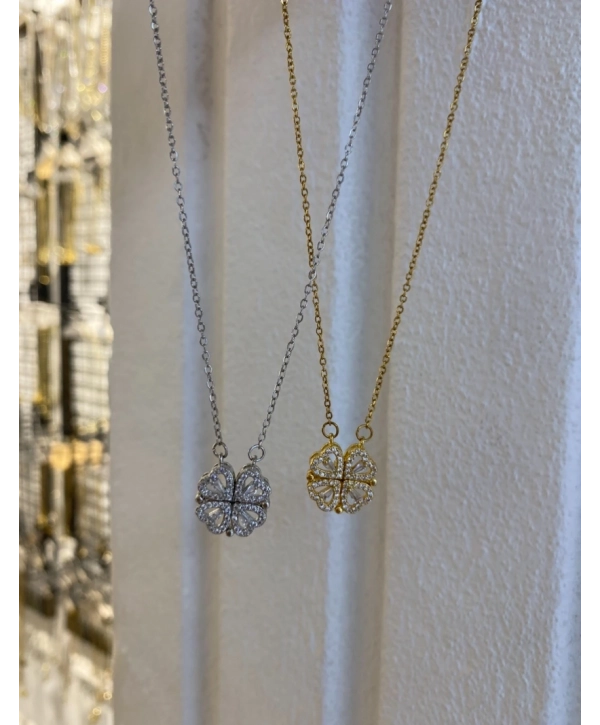 Çelik Zirkon Taş Detay Kendinden Mıknatıslı Yonca Kolye