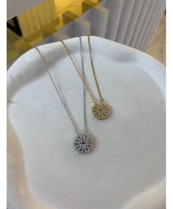 Çelik Zirkon Taş Detay Kendinden Mıknatıslı Yonca Kolye