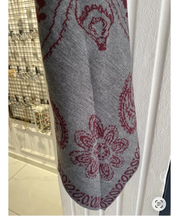 Çift Taraflı Etnik Desen Bordo-Gri Üçgen Şal