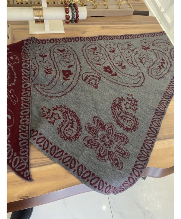 Çift Taraflı Etnik Desen Bordo-Gri Üçgen Şal
