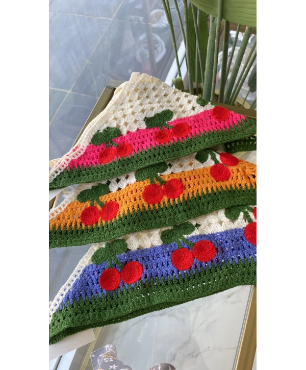 Kiraz Desen İp Bağlamalı Bandana