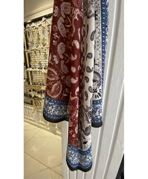 Lacivert Bordo Etnik Desen 70x70 Pamuklu Fular
