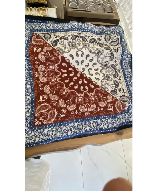 Lacivert Bordo Etnik Desen 70x70 Pamuklu Fular