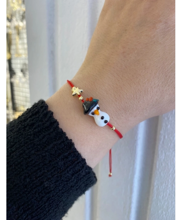 Murano Cam Üzeri Kardan Adam Figür Kırmızı İp Asansör Bileklik