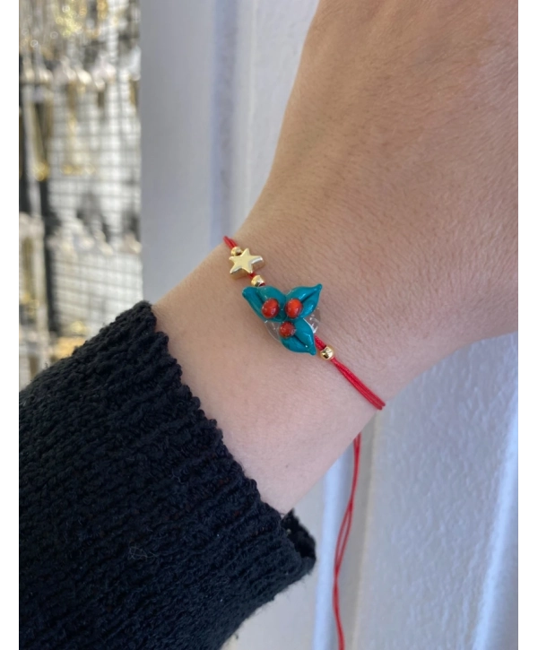 Murano Cam Üzeri Kokina Çiçek Figür Kırmızı İp Asansör Bileklik