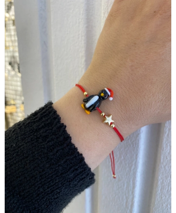 Murano Cam Üzeri Penguen Figür Kırmızı İp Asansör Bileklik