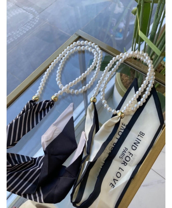 Özel Seri Çizgili Fular Detay Dolama İnci Kolye