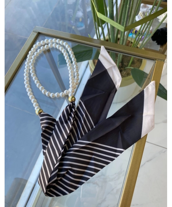 Özel Seri Çizgili Fular Detay Dolama İnci Kolye