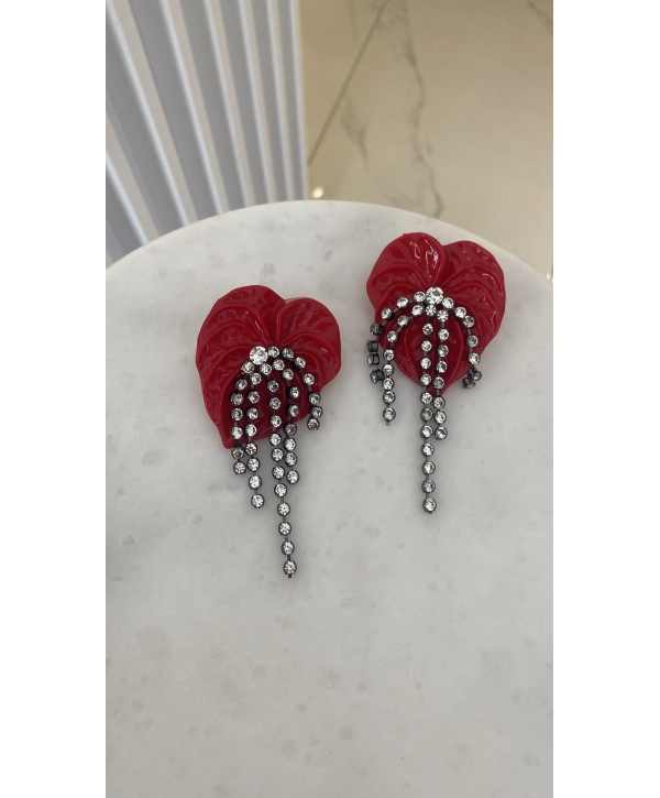 Özel Seri Kırmızı Taşlı Çiçek Küpe