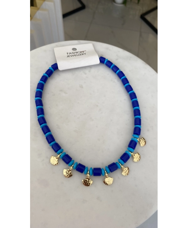 Özel Seri Mavi Boncuk Üzeri Sıralı Yelpaze Charm Kolye