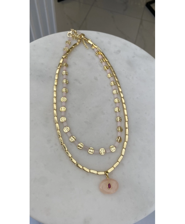 Özel Seri Pembe Yuvarlak Yassı Plaka Kolye Kombini