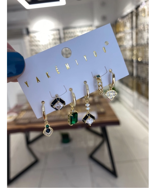 Özel Seri Yeşil Zirkon Taş Detay Altılı Set Küpe