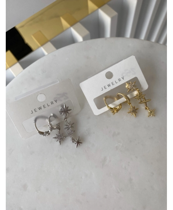 Özel Seri Zirkon Taş Detay Üçlü Yıldız Küpe