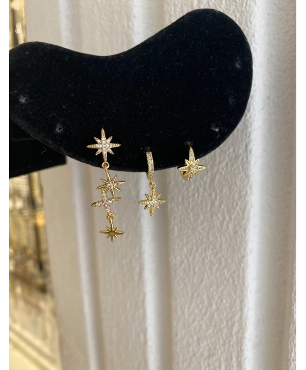 Özel Seri Zirkon Taş Detay Üçlü Yıldız Küpe