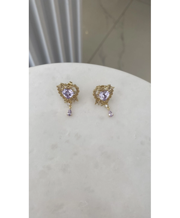 VIP Mor Damla Zirkon Taş Sallantılı Kalp Küpe
