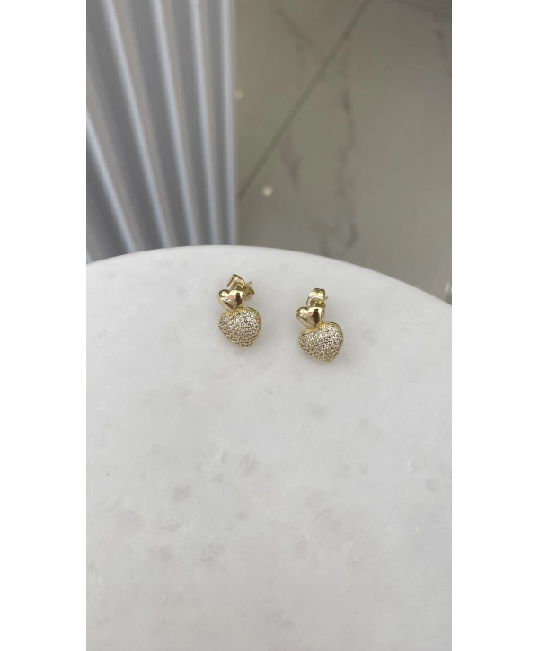 VIP Zirkon Taş ve Sade Plaka Bitişik Minimal Kalp Küpe