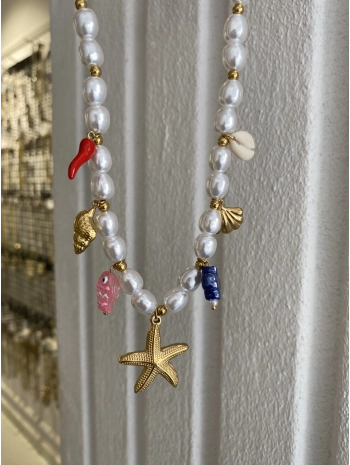 Çelik Sıralı İnci Boncuk Deniz Yıldız Detay Çharm Kolye